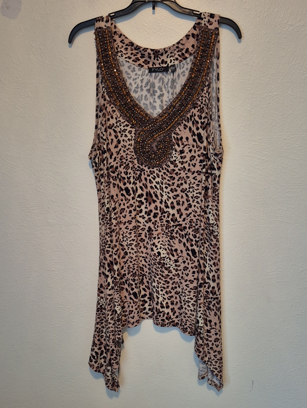 FYLO Beige and Black Beaded V‑Neck Leopard Tank